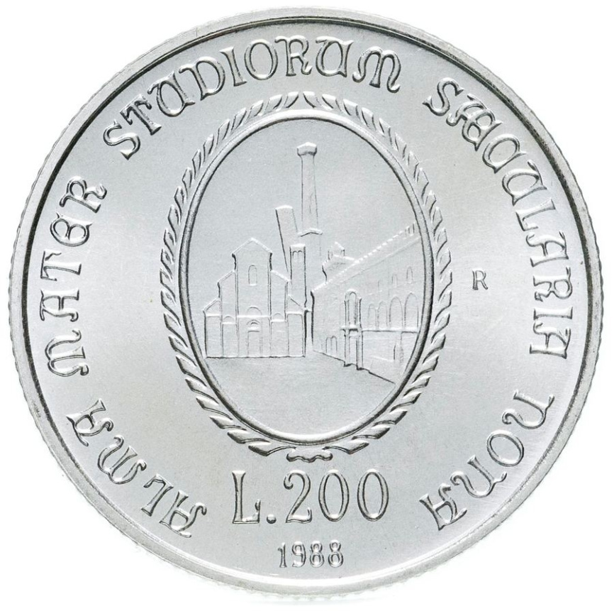 Италия 200 лир 1988 - 900 лет Болонскому Университету фото 2