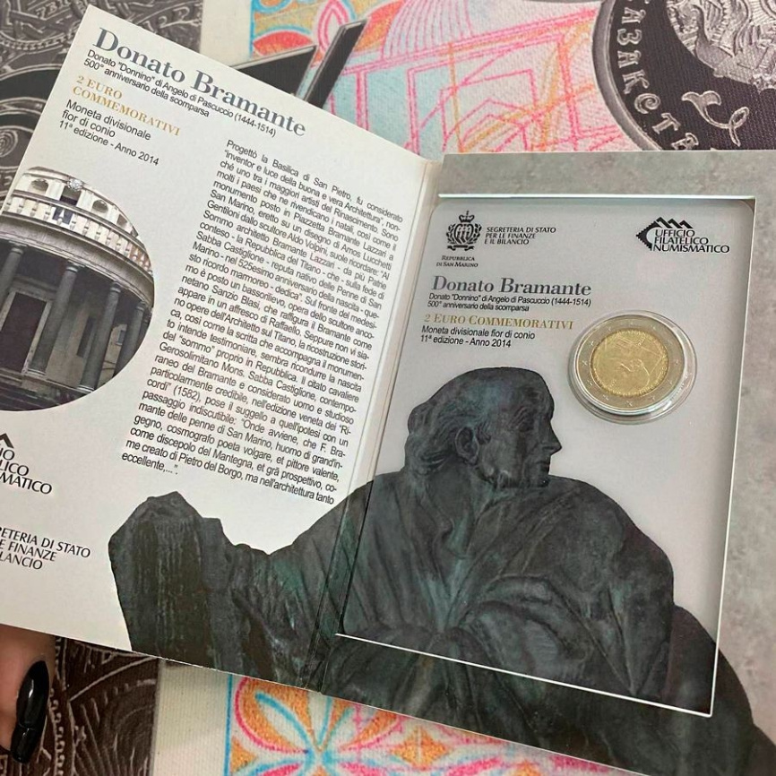 2 евро Сан-Марино 2014 (в блистере) - 500-летие со дня смерти Донато Браманте фото 4
