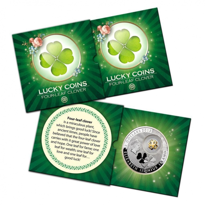 Монета на удачу - Четырехлистный клевер, 2 доллара, о. Ниуе, 2012 год фото 3