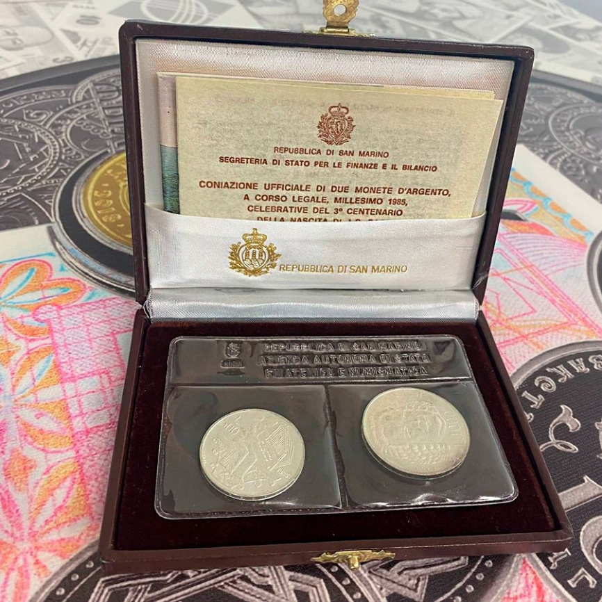 Набор Сан-Марино "Иоганн Себастьян Бах. Год европейской музыки 1985" - серебро, 500 и 1000 лир фото 2