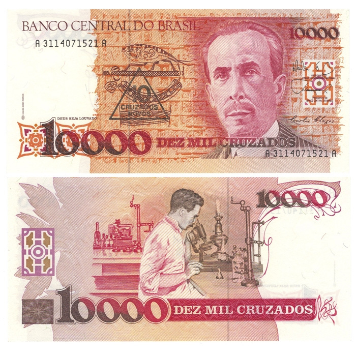 Бразилия 10 крузадо ново (10000 крузадо) 1989 год (надпечатка) фото 1