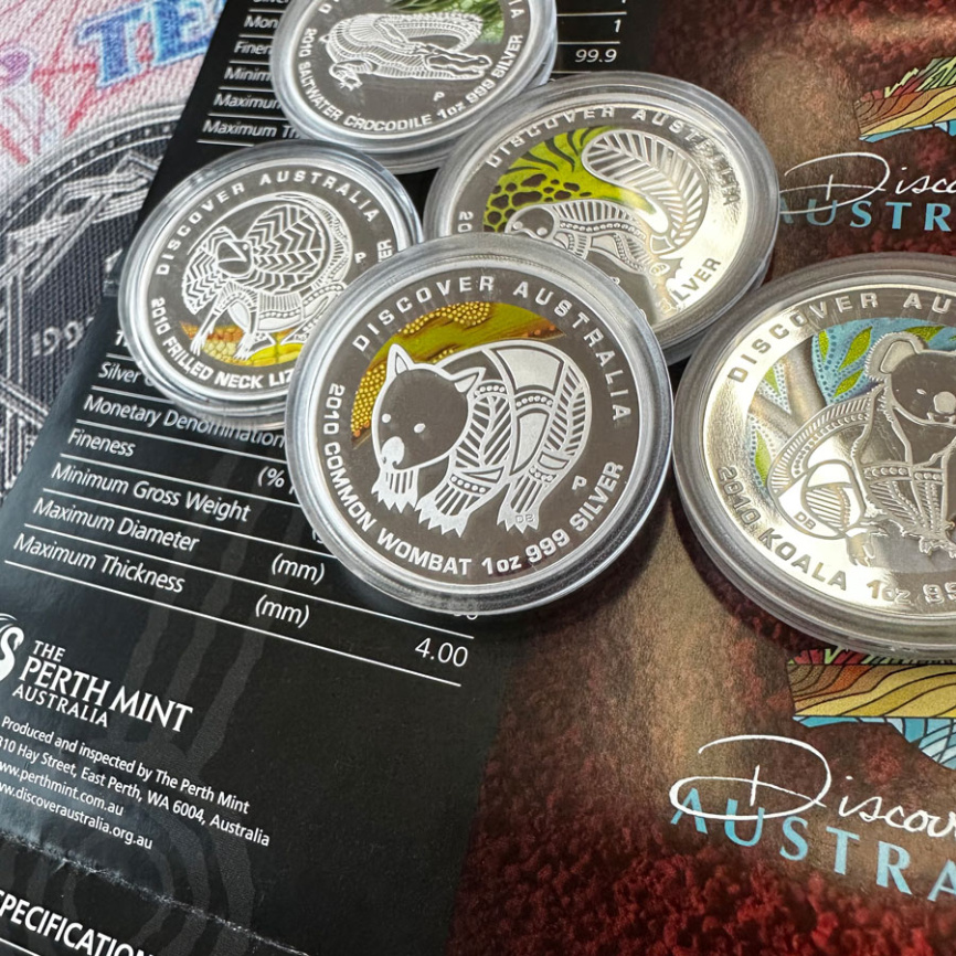 Набор монет 1oz "Открывая Австралию" 2010 год 5шт - серебро фото 3