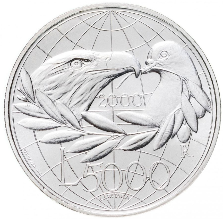 Сан-Марино 5000 лир 2000 - Мир (птицы на фоне глобуса в ветвях) фото 1