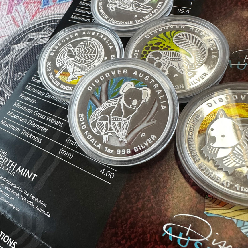 Набор монет 1oz "Открывая Австралию" 2010 год 5шт - серебро фото 4