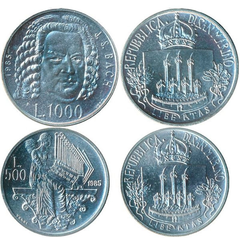 Набор Сан-Марино "Иоганн Себастьян Бах. Год европейской музыки 1985" - серебро, 500 и 1000 лир фото 1