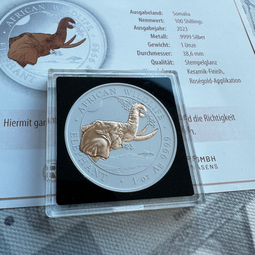 Африканский слон, 100 шиллингов, Сомали (позолота) фото 2