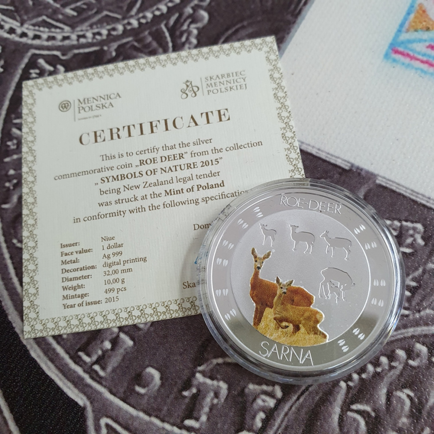 Косуля (ROE DEER) серия "Символы природы" - о.Ниуэ, серебро, 2015 год фото 3